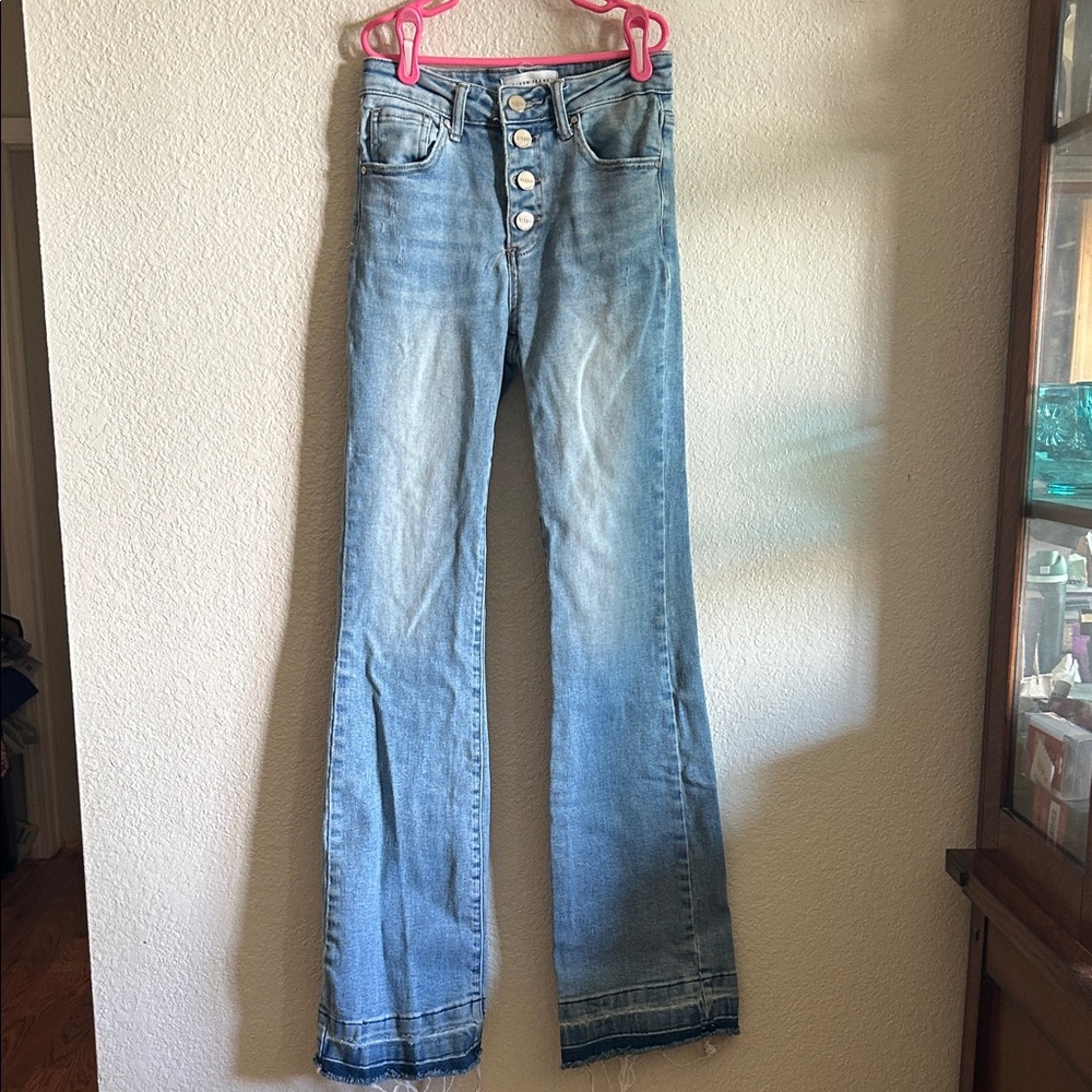 High-Rise Light Blue Flare Jeans with Button-Fly